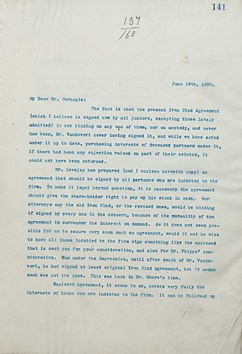 Frick writes Carnegie informing him that the Iron Clad Agreement was never valid and introduces a similar document that should be signed by all interested parties
