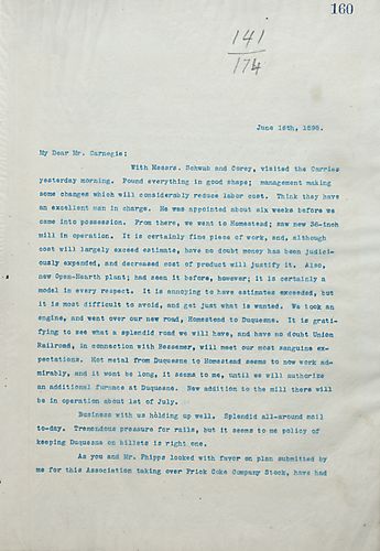 Frick writes on visiting the Carrie Furnances and Homestead and on traveling on their new road from Homestead to Duquesne. Frick also includes the agreement to have the Association take over Frick Coke Company Stock