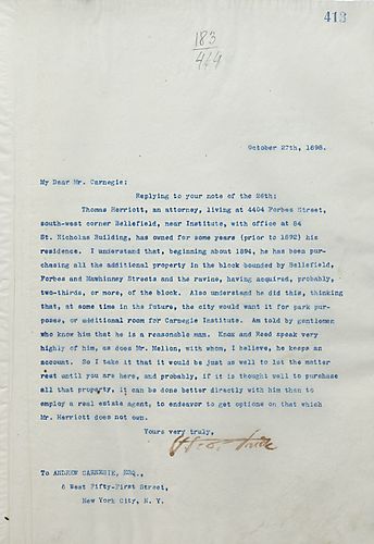Frick writes Carnegie about a Mr. Herriott who owns property on Bellefield that Carnegie is interested in