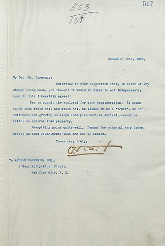 Frick writes Carnegie that demand is heavy and enclosed a document detailing a merger in which the Carnegie Company is in control