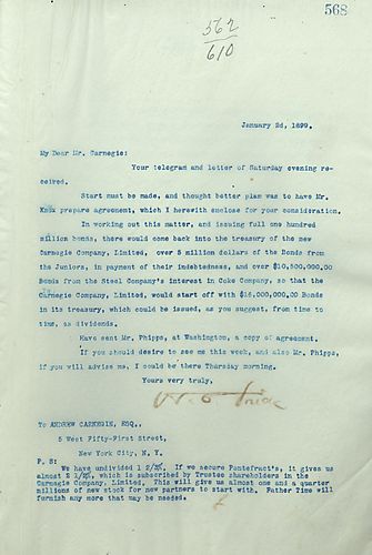 Frick encloses an agreement made by Mr. [Philander] Knox on the merging of Carnegie Steel Company, Limited and the H.C. Frick Coke Company
