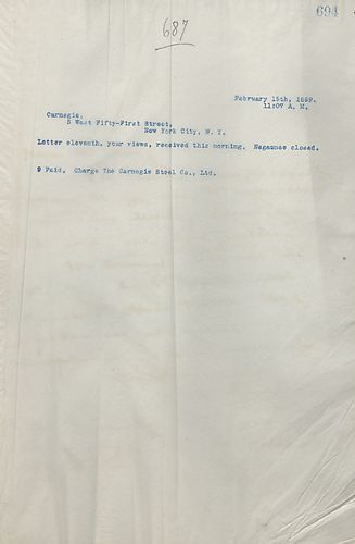 Frick received Carnegie's letter from February 11th, and he writes that Negaunse closed