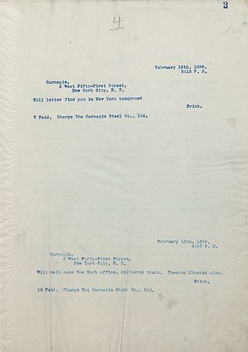 Frick asks if his letter will reach Carnegie in New York tomorrow