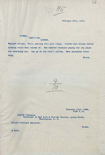 Frick wires Carnegie on the Schoen contract being executed