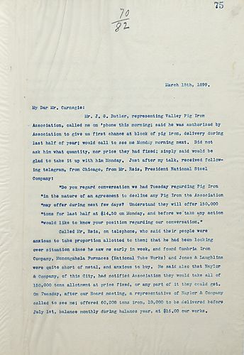 Frick writes on a proposition to buy pig iron from Valley Pig Iron Association