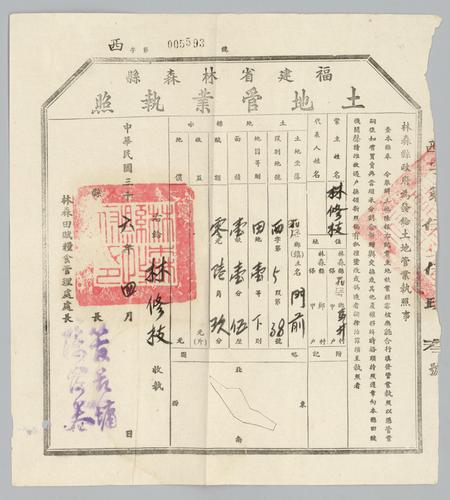 Owner: 林修枝 [LIN Xiuzhi] -- Place: 福建省林森縣 [Fujian Sheng Linsen Xianen] -- Government