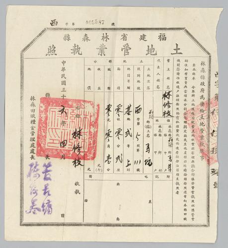 Owner: 林修枝 [LIN Xiuzhi] -- Place: 福建省林森縣 [Fujian Sheng Linsen Xian] -- Government