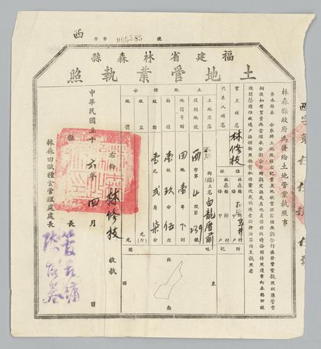 Owner: 林修枝 [LIN Xiuzhi] -- Place: 福建省林森縣 [Fujian Sheng Linsen Xian] -- Government