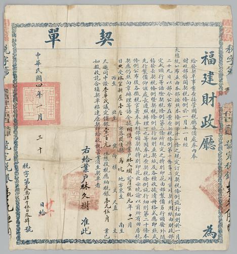 Seller: 林宜新 [LIN Yixin] -- Buyer: 林久樹 [LIN Jiushu] -- Place: 福建省閩侯縣 [Fujian Sheng Minhou Xian] -- Government