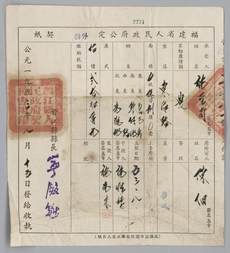 Seller: 陳佃 [CHEN Dian] -- Buyer: 施至尚 [SHI Zhishan] -- Place: 福建省晉江縣 [Fujian Sheng Jinjiang Xian] -- Government