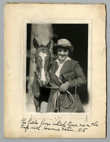 Mary Roberts Rinehart with "the little horse which took me on the trip with Howard Eaton"