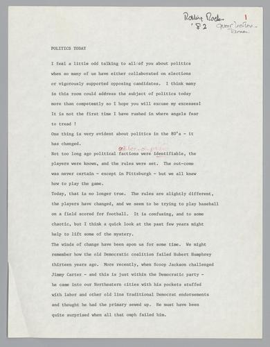 Rolling Rock Club, "Politics Today"