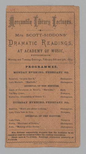 Program - Mercantile Library Lectures, Dramtic Readings with Mary Frances Scott-Siddons