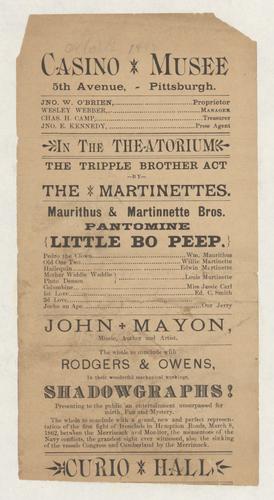 Theatre program - Maurithus & Martinnette Bros. Pantomine Little Bo Peep; John Mayon; and Rodgers & Owens' Shadowgraphs!