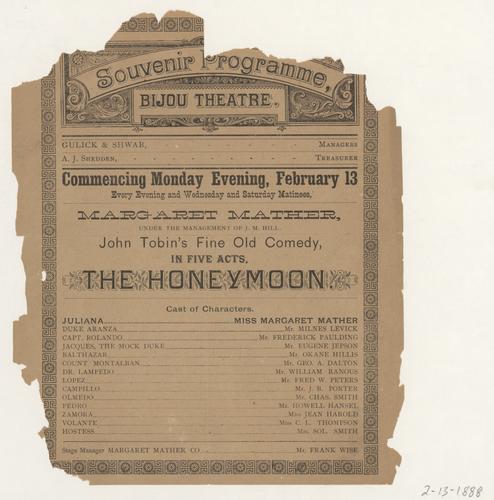 Theatre program - The Honeymoon with Margaret Mather
