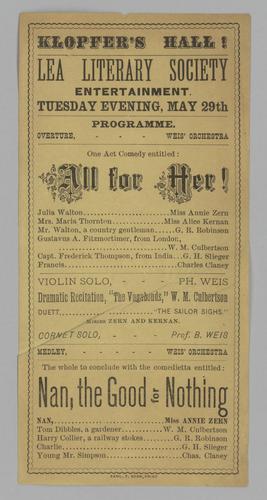Theatre program - All for Her!; and Nan, the Good for Nothing with Miss Annie Zern
