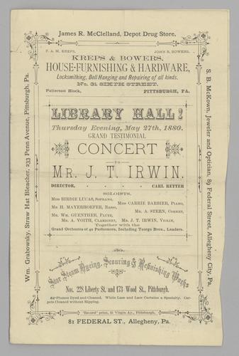 Concert program - Grand Testimonial Concert to Mr. J. T. Irwin