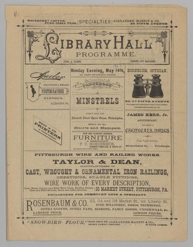 Vaudeville program - Carncross' Minstrels in Life Behind the Scenes or, the Black Lily's Debut; Cogill Brothers; Fred Dart; etc