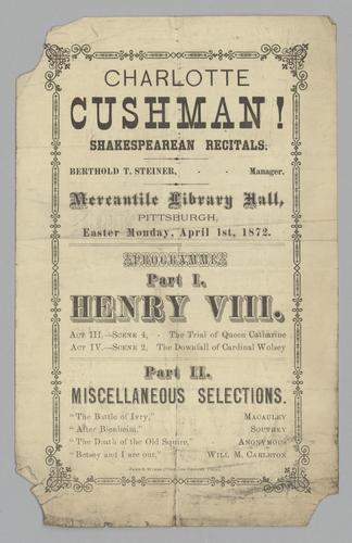 Advertising - Henry VIII with Charlotte Cushman; and Miscellaneous Selections