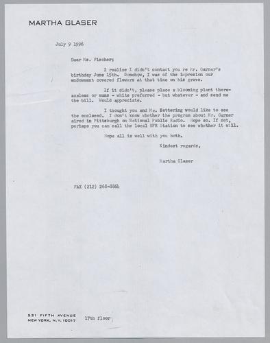 Martha Glaser Personal; regarding Erroll's Death and Memorial Service