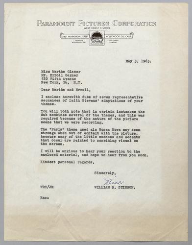 Correspondence from Leith Stevens (composer)
