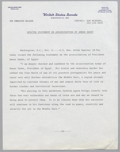 Specter statement on assassination of Anwar Sadat