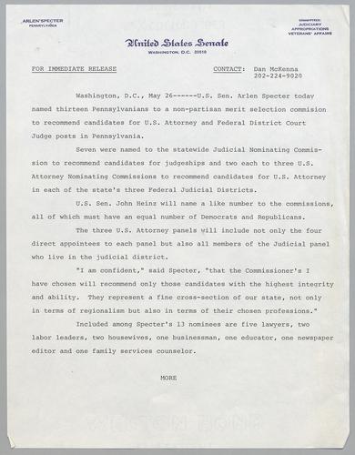 U.S. Senator Arlen Specter named thirteen Pennsylvanians to recommend candidates for U.S. Attorney and Federal District Court Judge posts in Pennsylvania