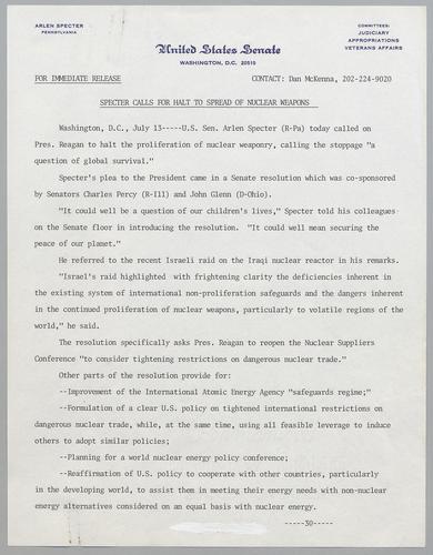 Specter calls for halt to spread of nuclear weapons