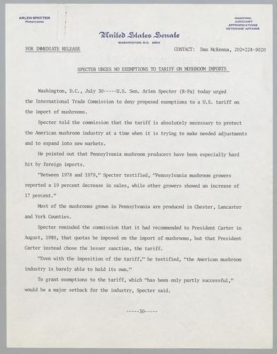 Specter urges no exemptions to tariff on mushroom imports