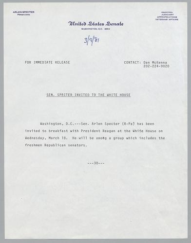 Senator Specter invited to the White House