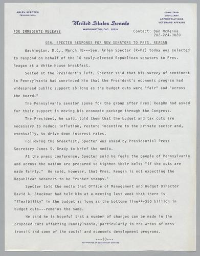 Senator Specter responds for new senators to President Reagan
