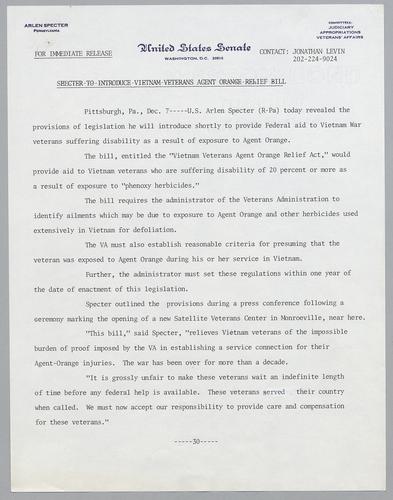 Specter to introduce Vietnam veterans agent orange relief bill