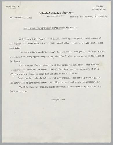 Specter for televising of Senate floor activities