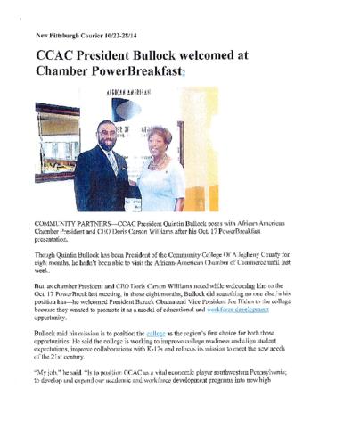 CCAC President Bullock welcomed at Chamber PowerBreakfast