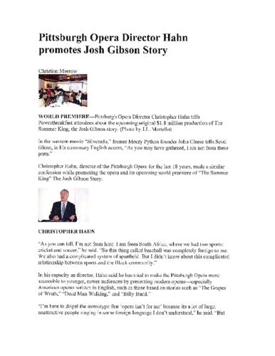 Pittsburgh Opera Director Hahn promotes Josh Gibson Story