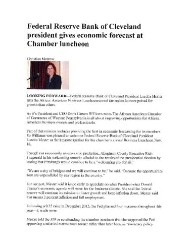 Federal Reserve Bank of Cleveland president gives economic forecast at Chamber luncheon