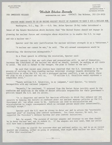 Specter urges Senate to go on record against policy of planning to wage and win nuclear war