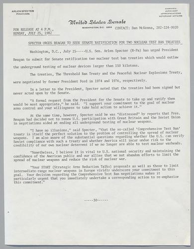 Specter urges Reagan to seek Senate ratification for two nuclear test ban treaties