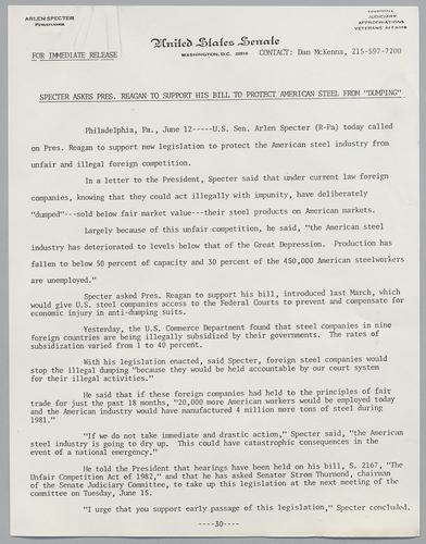 Specter asks President Reagan to support his bill to protect American steel from "dumping,"