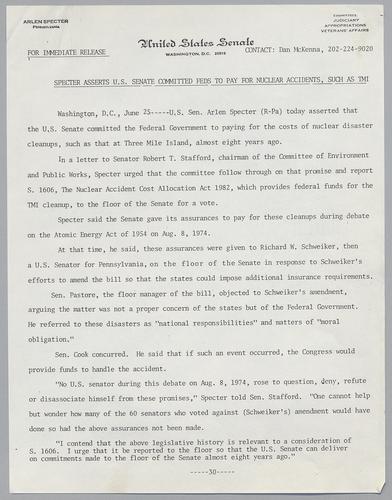 Specter asserts U.S. Senate committed feds to pay for nuclear accidents, such as TMI