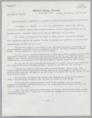 Specter objects to deletion in VA pamphlet of diseases possibly caused by agent orange
