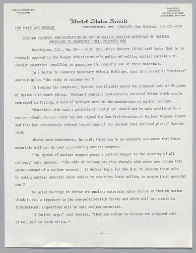 Specter protests administration policy of selling nuclear materials to nations unwilling to guarantee their peaceful use