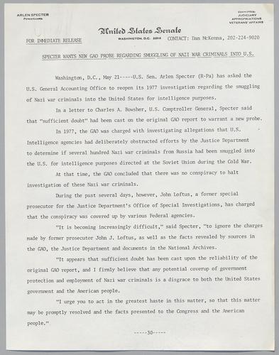 Specter wants new GAO probe regarding smuggling of Nazi war criminals into U.S.