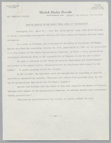 Specter objects to OMB budget memo; calls it "restrictive,"
