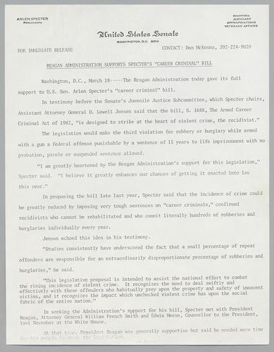 Reagan administration supports Specter's "career criminal" bill