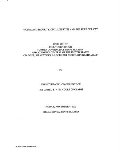 "Homeland Security, Civil Liberties & Rule of Law" 18th Judicial Conference of US Court of Claims, Philadelphia