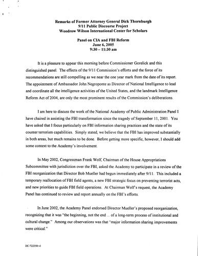 9/11 Public Discourse Project: Panel on CIA and FBI Reform"" Woodrow Wilson International Center for Scholars