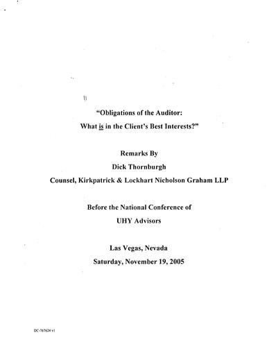 "Obligations of Auditor: What IS in Client's Best Interests?" National Conference of UHY Advisors, Las Vegas