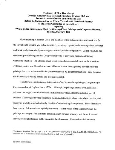 Testimony: "White Collar Enforcement (Part 1) : Attorney-Client Privilege and Corporate Waivers" Subcommittee on Crime, Terrorism & Homeland Security of House Committee on Judiciary