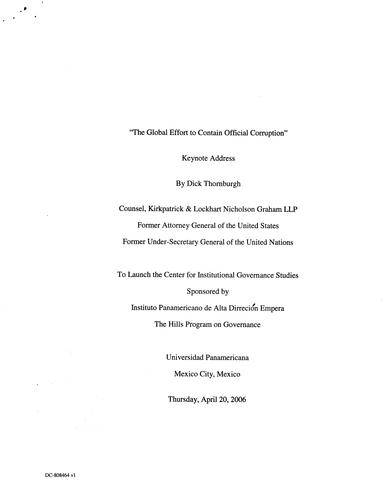 "Global Effort to Contain Official Corruption" Pan-American University, Center for Institutional Governance Studies, Mexico City, Mexico